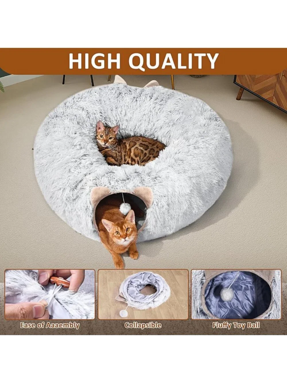 Cozy Cat Tunnel & Bed - Soft Plush Peekaboo Cave, Multifunctional Playground for